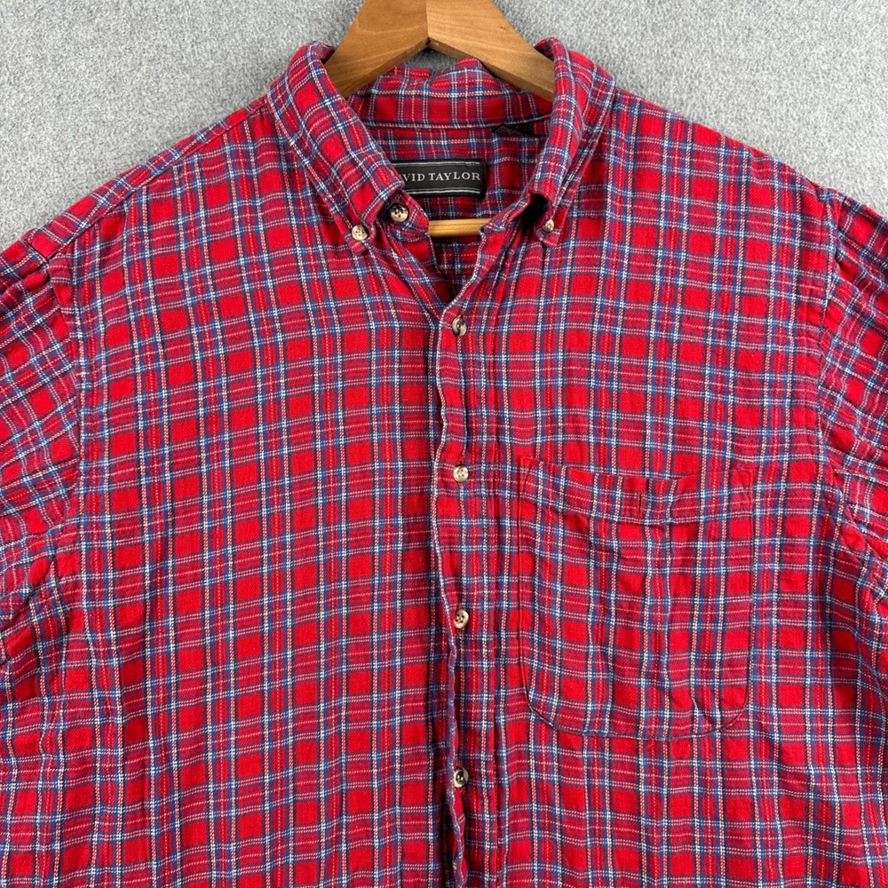 David Taylor Shirt Mens Large Plaid Red Button Down Cotton Long Sleeve